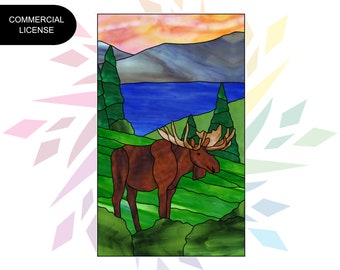 Moose Pattern Stained Glass Panel Printable Pattern  Digital Download PDF Stained Glass Moose with Landscape - Commercial License