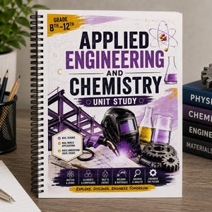 May include: A spiral-bound educational workbook titled Applied Engineering and Chemistry Unit Study for grades 8th-12th. The cover features a welding helmet, laboratory glassware, gears, and structural steel graphics with purple and yellow accents.