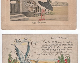 postcard illustration tinedegroote birth, stork, carrier bag