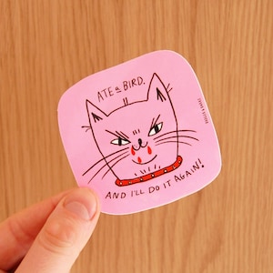 May include: A pink sticker with a cat illustration. The cat has an angry expression, a red collar, and the text "ATE A BIRD. AND I'LL DO IT AGAIN!" in black. The sticker is held by a hand.
