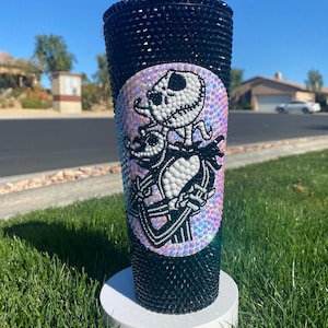 Custom Jack Skellington & Zero Black and White Rhinestone Starbucks 24 oz cup