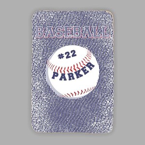 May include: A white baseball with red stitching and blue text that reads "#22 PARKER" on a blue and white patterned background. The word "BASEBALL" is printed in blue at the top of the image.