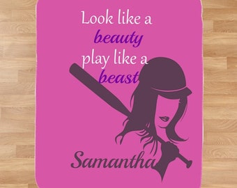 Personalized Softball Sherpa Blanket, Softball Blanket with Name, Personalized Play Like A Beast Softball Blanket, Girl's Sports Blanket