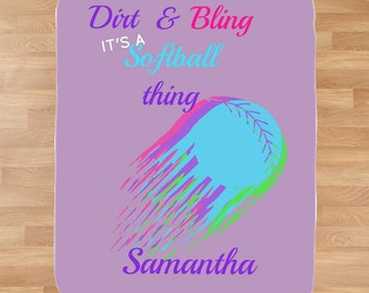 Personalized Softball Sherpa Blanket, Softball Blanket with Name, Personalized Flying Softball Blanket, Girl's Personalized Sports Blanket