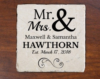 Mr & Mrs Personalized Marble Coaster Set , Personalized Happy Couple Coaster Set