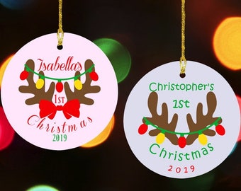 Baby's First Christmas Ornament, Baby's Antlers Ornament, Baby Personalized Ornament, Personalized First Christmas, 1st Christmas Ornament