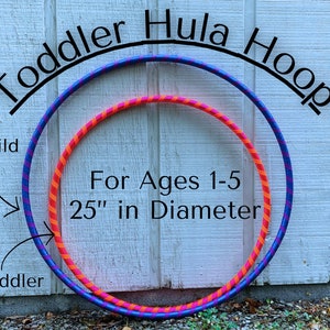 May include: Two toddler hula hoops. The larger hoop is blue and purple, and the smaller hoop is orange and pink. The text on the image says "Toddler Hula Hoop" and "For Ages 1-5 25" in Diameter."