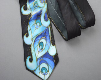 Peacock necktie , feathers groom tie, blue feathers peacock tie