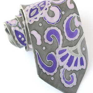 Gray lavender paisly silk necktie, handpainted gray tie