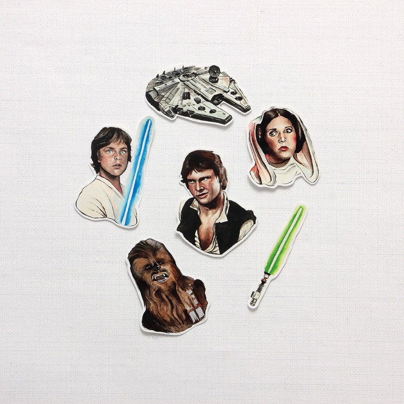 Star Wars episode 4/5/6 themed handmade stickers pack Rebel Alliance collectible, Luke skywalker Han solo Princess Leia Chewbacca Falcon image 4