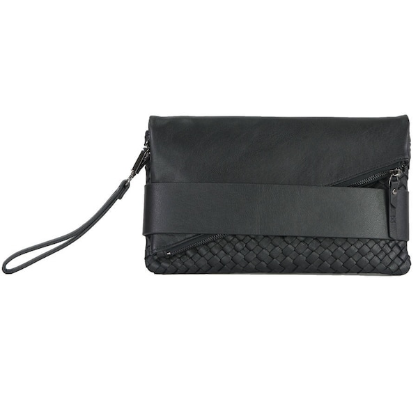 Black Leather Clutch & Wristlet with Woven Details - great for day or evening