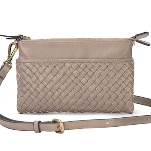 Taupe Brown Champagne Leather Crossbody Wallet Bag with Strap and Cell Phone Pocket - Handwoven