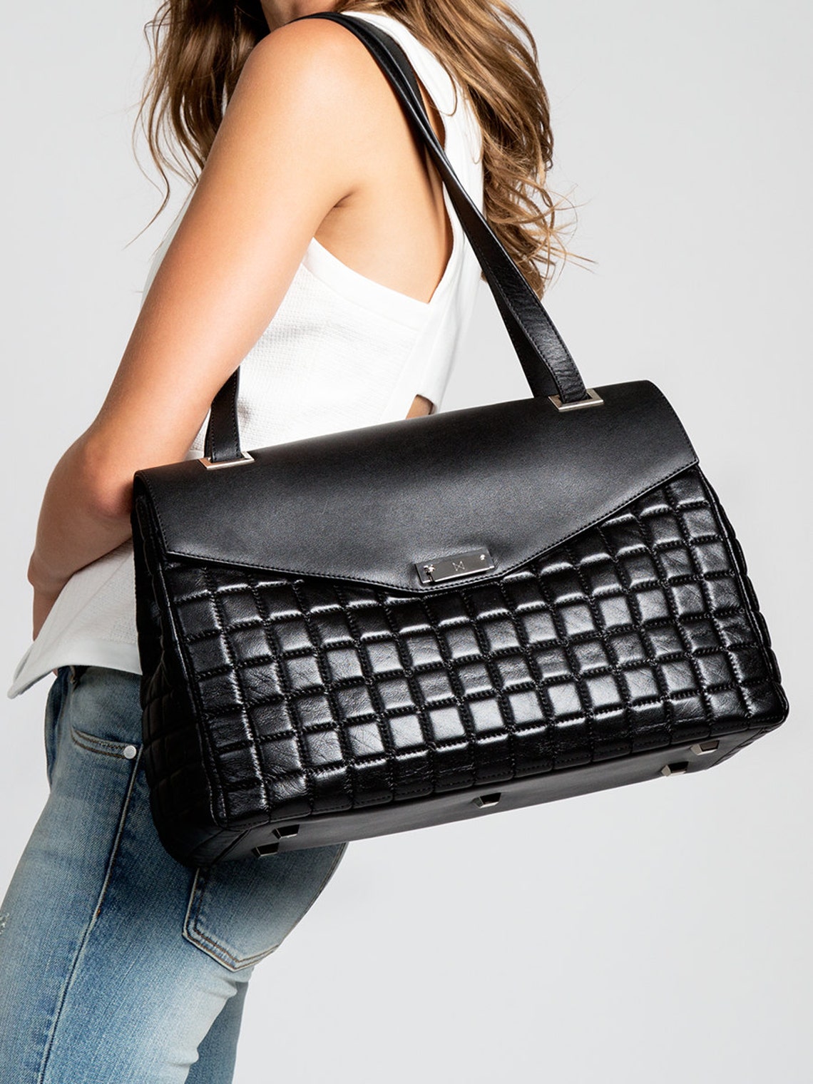 Womens Ladies Leather Work Bag Attache Briefcase W Handquilted Etsy