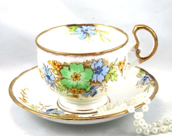 Vintage Melba Bone China Verde Floral 4576. platillo de taza de té y placa lateral Trío