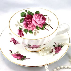 Stanley Cup & Saucer, Large Red Rose Pattern on White  Swirled Borders, Gold Rims, Bone English China made in 1960s