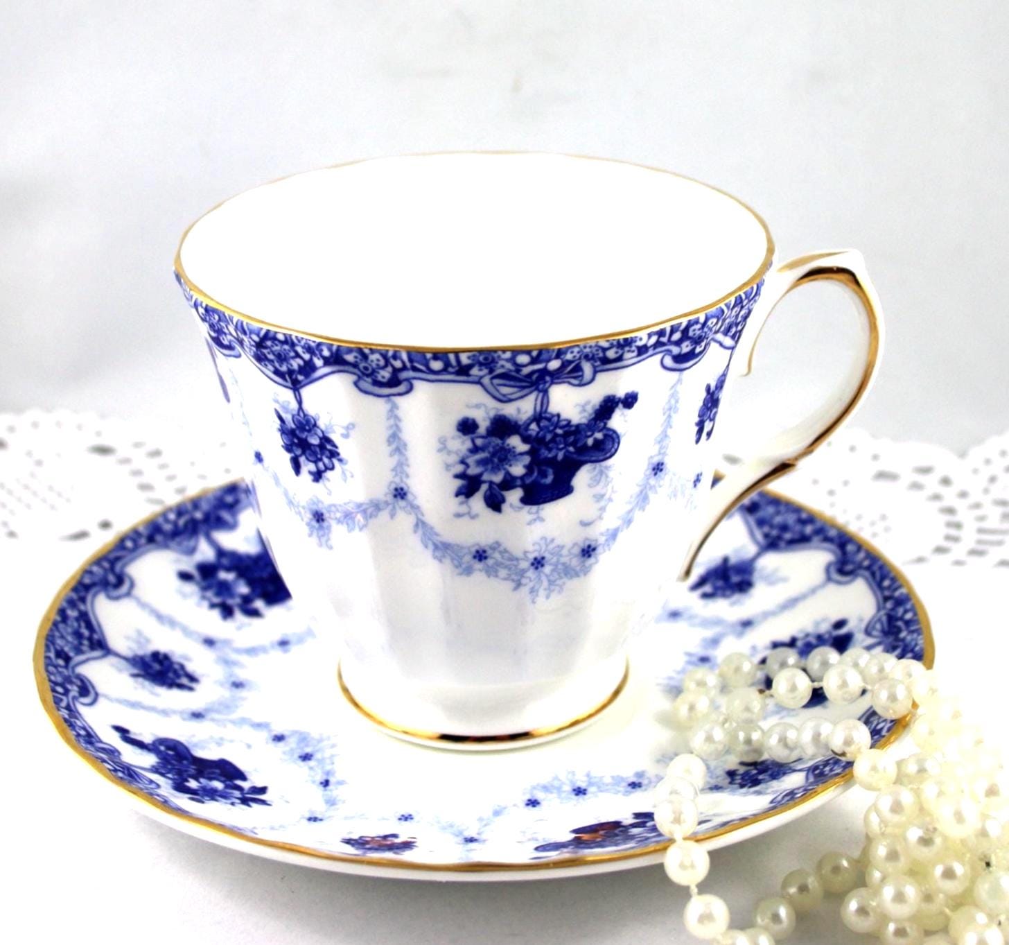 Duchess Bone China Tea Cup Duo: Blue Floral Garland, Gold Rims