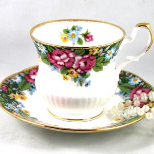 Queen&#39;s Lovely Floral Cup & Saucer, Colorful Oxford Pattern, Gilded Rims, Bone English China made in 1960s
