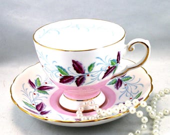 Tasse à thé et soucoupe toscane vintage : porcelaine fine, bords dorés, motif feuille