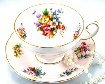 Crown Staffordshire Teacup & Saucer, Lovely Floral Pattern, Pastel Pink  Borders, Gold Rims, Bone English China made in 1960s.