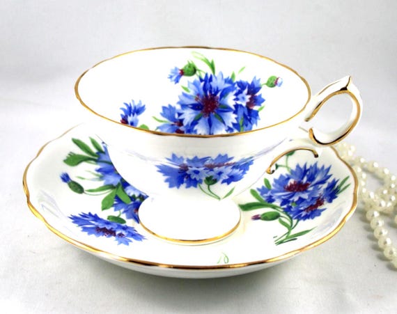 Hammersley Cornflower Bone China Cup and Saucer Duo - Gold Rims