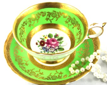Vintage Paragon Bone China Floral Tea Cup Duo: Green Gilded Border, 1960s