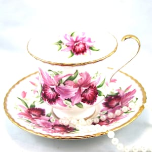 Paragon Gorgeous Floral Duo, Pink Orchids Theme, Gilded Edges, Bone English China made in 1960s