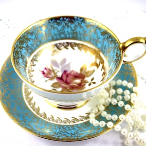 Aynsley Hand Painted Beautiful Duo, Pink Rose in the Center, Blue Gilded Borders, Gilded Edges, Wide Mouth, Bone English China made in 1960s