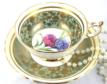 Special Edition Paragon lovely Floral Duo, Colorful Chrysanthemum Theme, Light Hunter Green Gilded Borders, Bone English China made in 1960s