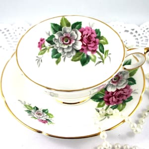 Paragon Lovely  Floral Duo, Colorful Flower on White Borders, Gold Rims, Bone English China made in 1960s