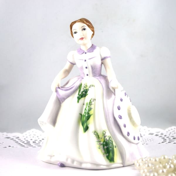 Royal Doulton Small Figurines Pretty Ladies, Flower of the Month Series, May Theme, Bone English China made in 2000s