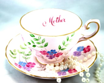 Tuscan Bone China Floral Tea Cup Duo: Pink & Gold, 1960s English China