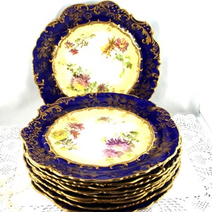 Vintage Hammersley-dessertset: porseleinen borden met bloemen, kobaltblauw, gouden decor (10 stuks)