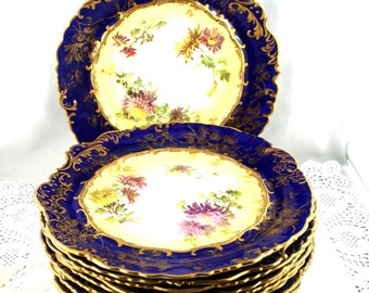 Vintage Hammersley Dessert Set: Floral Bone China Plates, Cobalt Blue, Gold Decor (10 Piece)