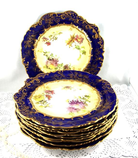 Vintage Hammersley Dessert Set: Floral Bone China Plates, Cobalt