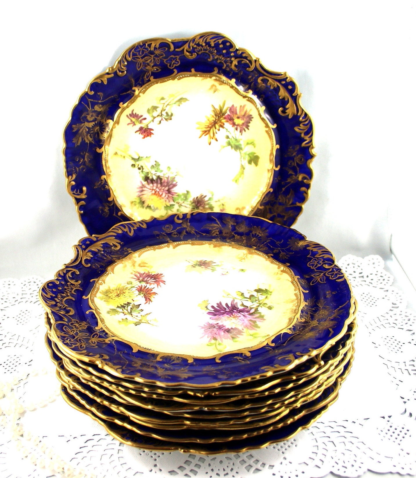 Vintage Hammersley Dessert Set: Floral Bone China Plates, Cobalt