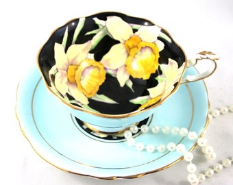 DW Paragon Hand Painted Duo, Yellow Jonquil Theme on Black , Sky Blue Borders, Gold Rims, Bone English China made in 1940s