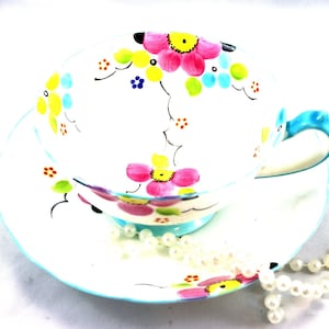 Paragon Duo vintage pintado a mano, delicado detalle floral, boca de vacío, porcelana inglesa de hueso, fabricada en la década de 1930