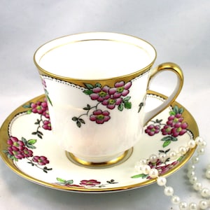 Coalport  Floral Cup & Saucer, Gilded Edges, Bone English China made in 1960s