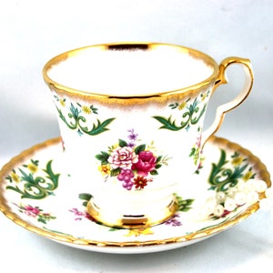 Royal Windsor Cup & Saucer, Beaufort  Floral Pattern, Gilded Borders, Bone English China made in 1960s