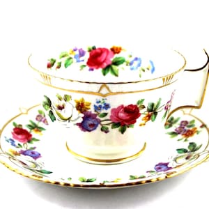 Royal Crown Derby Beautiful Floral Duo, Floral Accent on White Background, Gold Rims, Bone English China made in 1960s