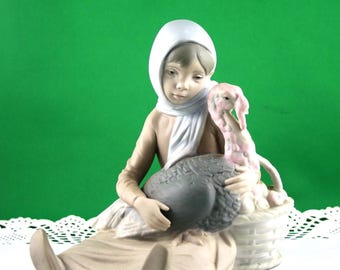 Lliadro, Vintage , Cabinet Spanish Figurine, Girl with Large Turkey Theme, Bone Spanish China in 1960s