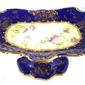 Stunning Hammersley Tall Compote Dish, Colorful Floral Accent in the Center, Cobalt Blue Nicely Gilded Borders, Bone China made in 1930s