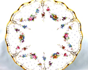 Royal Crown Derby Plate: Royal Antoinette Floral Bone China, Gilded Borders