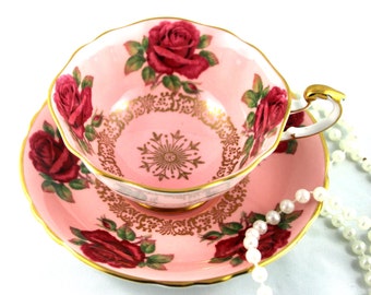 Paragon Gorgeous , Hand Painted Duo, Red Roses on Pink Gilded Background, Bone English China made in 1960s