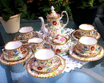 Hammersly Floral Bone China Coffee Set: 1960s Coffee Pot, Trios, Cake Plates