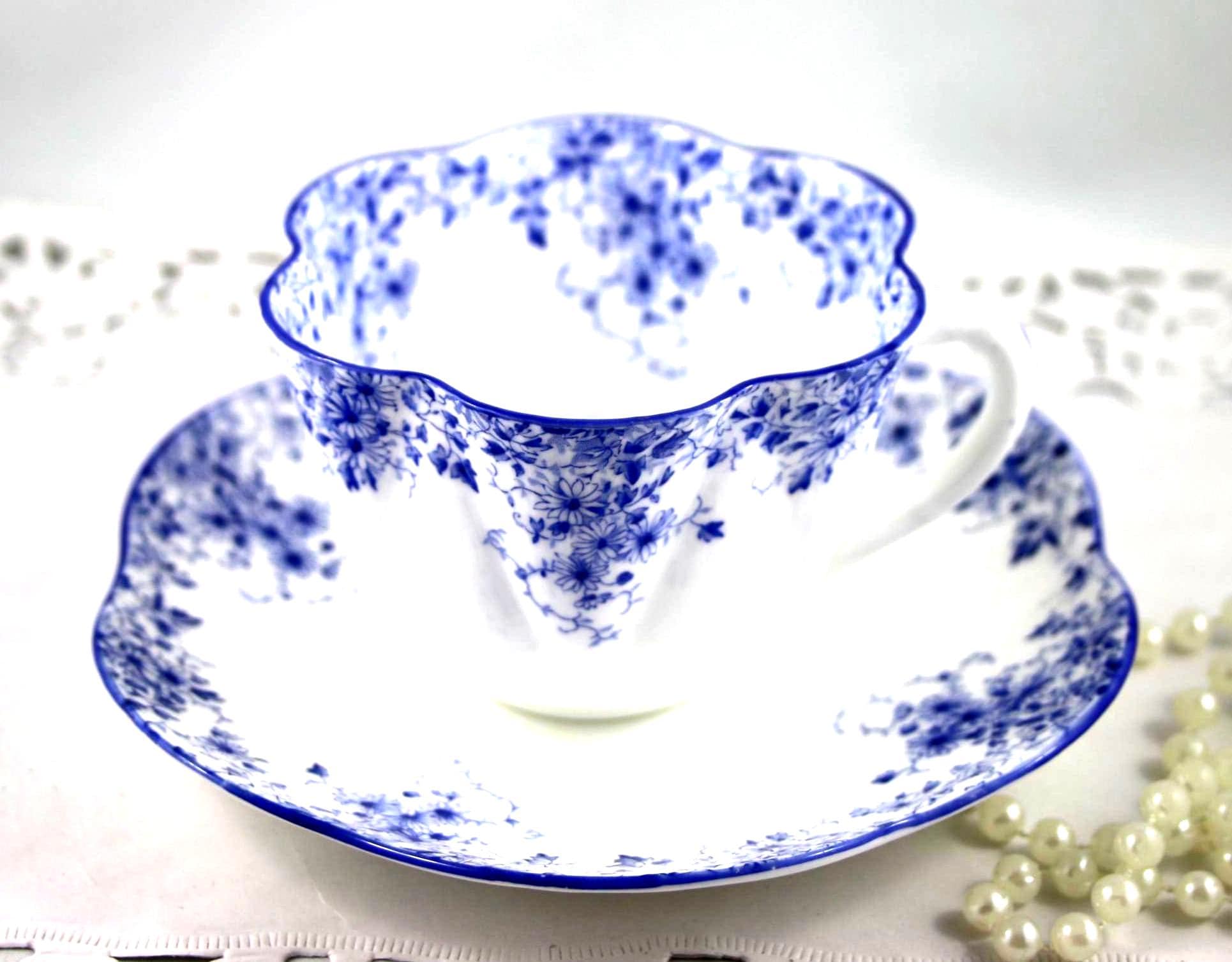 Vintage Shelley Bone China Tea Cup and Saucer, Blue Floral Pattern