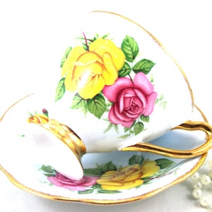 Queen&#39;s Lovely Cup & Saucer Colorful Floral Accent on Sky Blue Background, Gold Rims, Bone English China made in 1960s