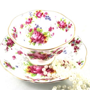 Royal Albert, Beautiful Floral Duo, Colorful Floral Pattern, Golden Edges, Avon Shape, Bone English China made in 1960s