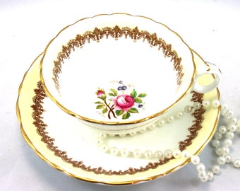Vintage Caudon Bone China Duo: Akzent Rose, Vergoldete Ränder, 1950er Jahre
