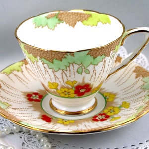 Hand Decorated, Royal Stafford Teacup & Saucer, Lovely Design, Gold Rims, Bone English China made in 1960s